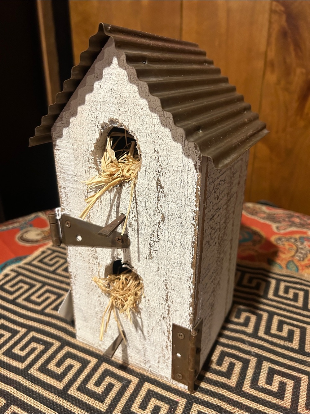 NWT Distressed White 11” Rustic Birdhouse with Brown Corrugated Roof
